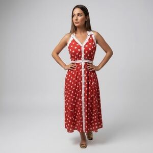 Available Red and White Polka Dot Pleated Halter Dress Sz M NWT #2
